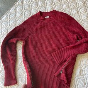L.L. Bean Women's Deep Red Waffle Knit Crewneck Sweater with Side Zippers